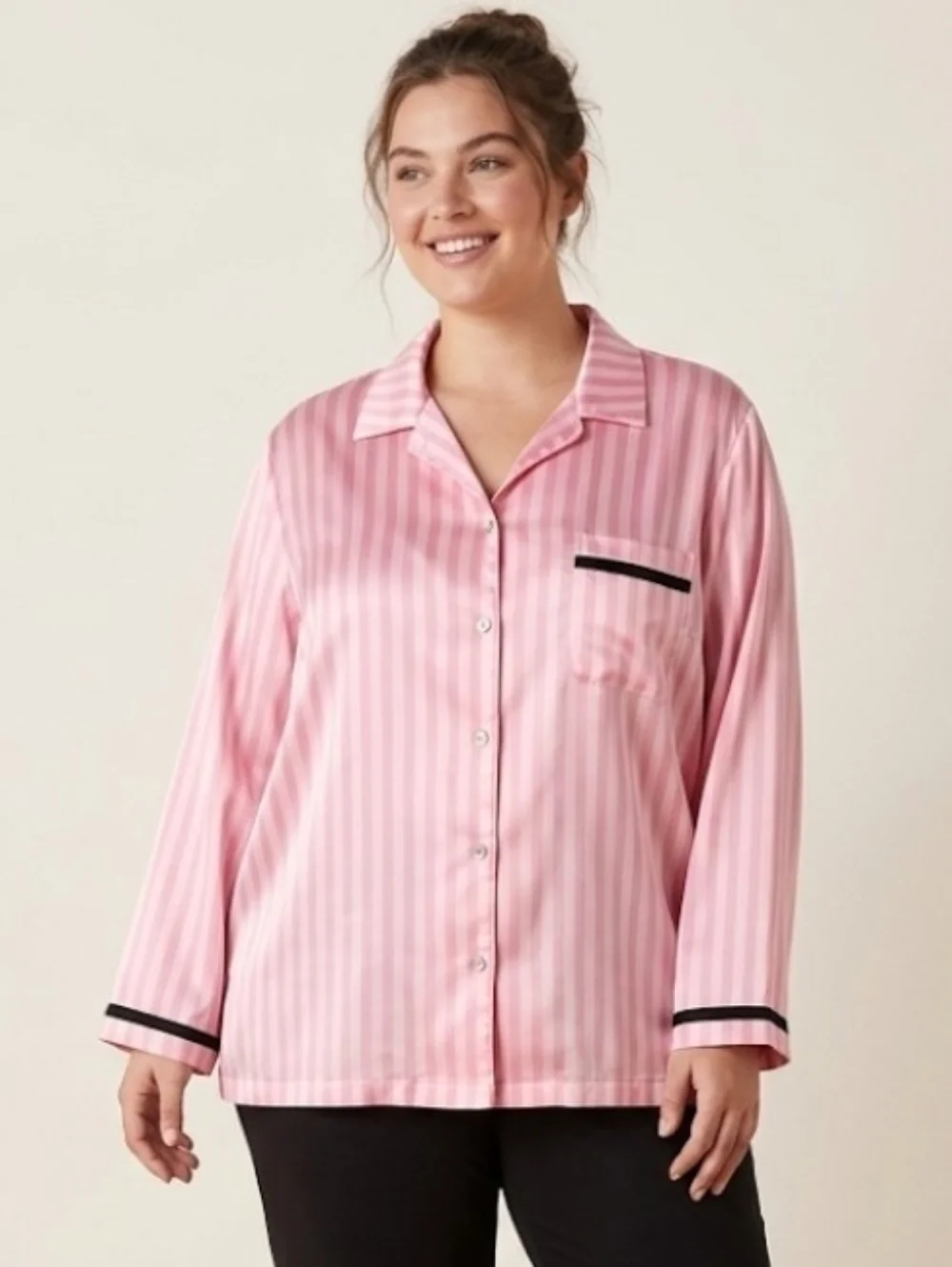Victoria’s Secret Pink Stripe Satin Pajama Top - XL - Satin Gloss Button Down